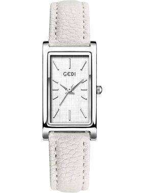 Women's White Silver Rectangle Leather Strap Quartz Bangle Vintage Watch